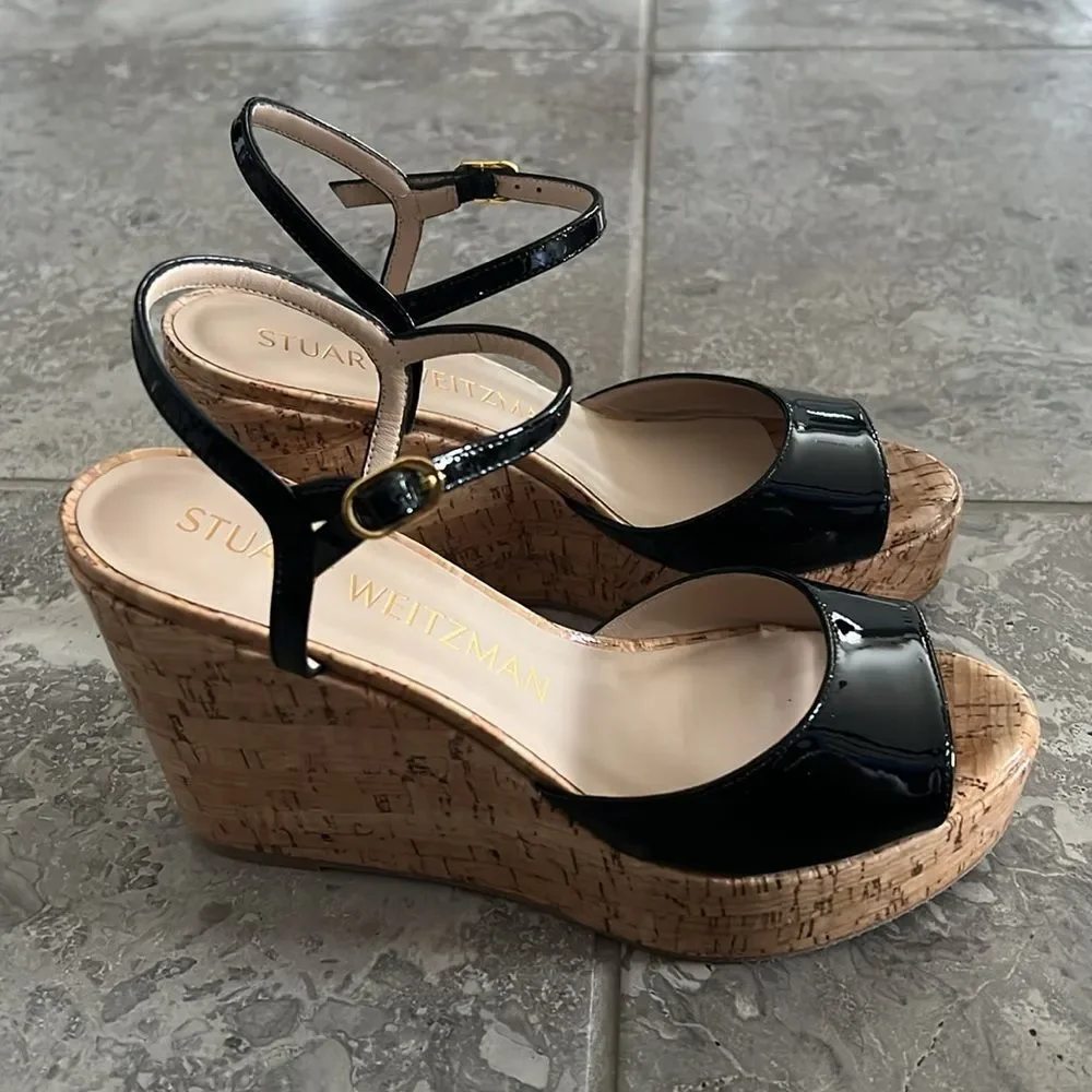 Stuart Weitzman Palmina Platform Wedge Sandals, Black, NWT, Size 37.5/7 - Picture 7 of 12